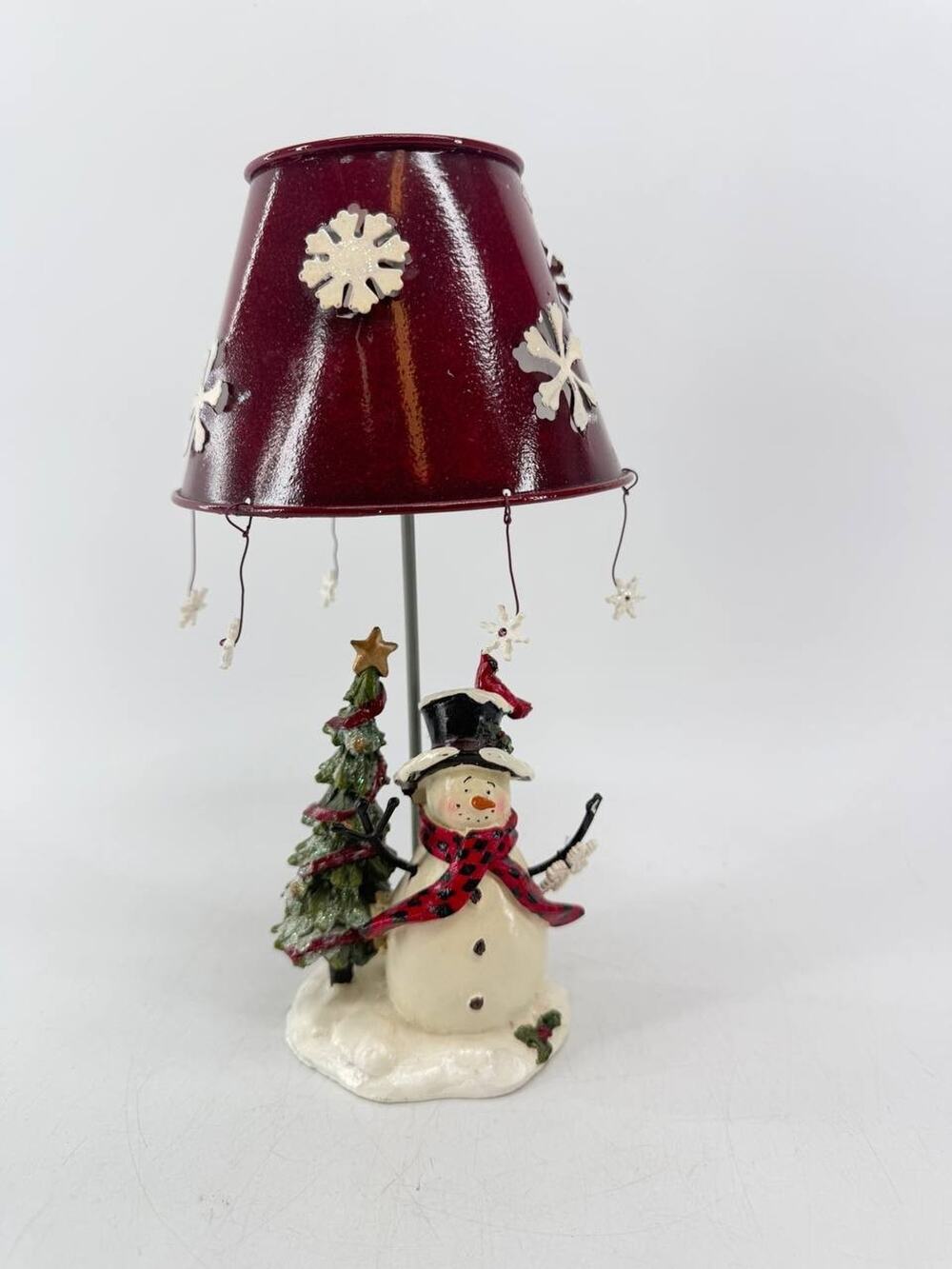 Kohls Snowman Christmas Tealight Candle Holder Stone Iron Red Shade 9.5"